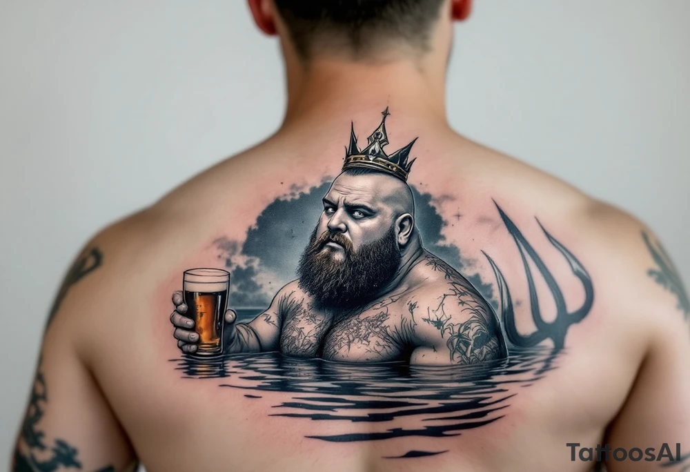 Gay fat guy, with no facial hairs, with trident, half way in calm water, with a beer tattoo idea