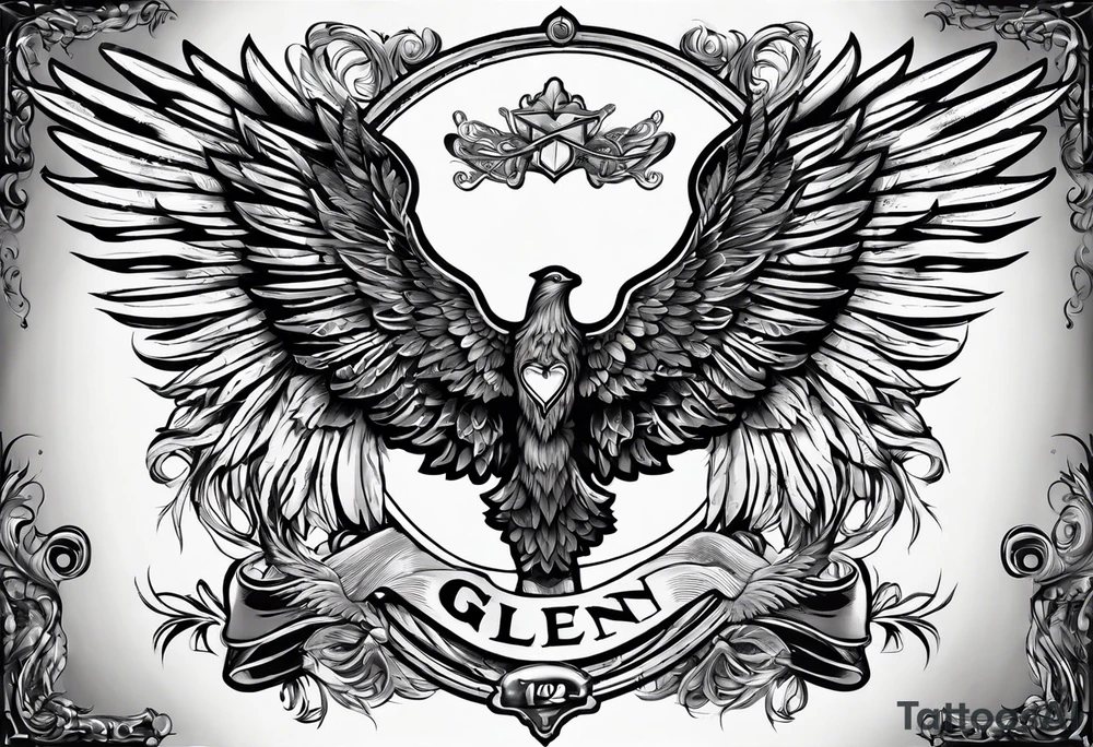 The word Glenn on a banner with angel wings tattoo idea