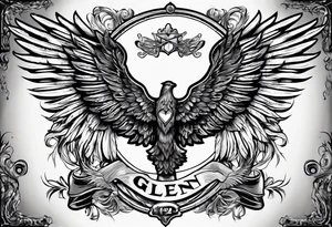 The word Glenn on a banner with angel wings tattoo idea