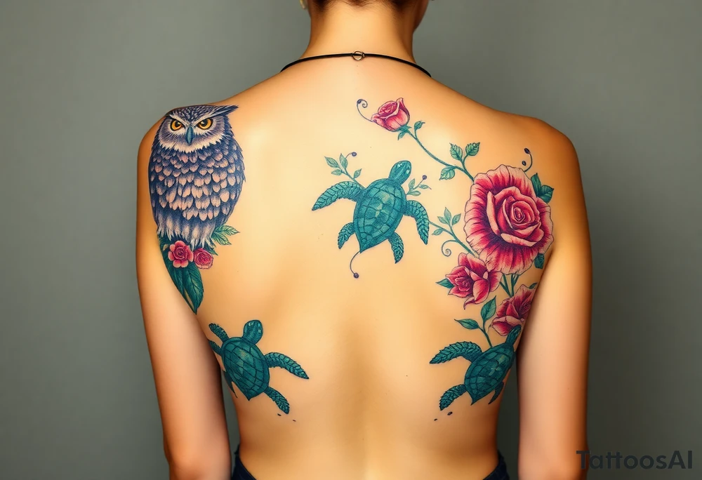 Full back owl on left shoulder flowers on right 3 turtles down spine use multiple rose and vine overlay to fill the empty areas tattoo idea