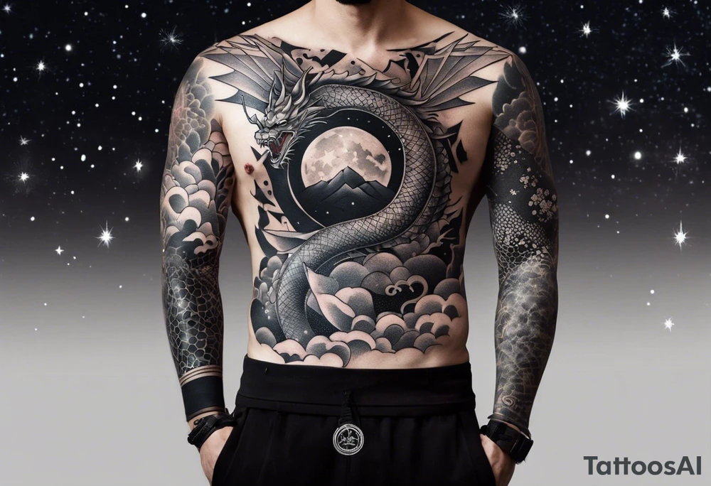 Design a full sleeve tattoo that incorporates a combination of Japanese and geometric themes. Central elements include a fierce dragon intertwined with a katana, symbolizing power and protection, with a samurai warrior standing strong in traditional armor. Surrounding this, integrate a galaxy scene with stars and nebulae, blending into the background to create a cosmic, otherworldly feel. Incorporate geometric patterns like the golden ratio, detailed lines, and precise shapes for structure and flow. Add traditional Japanese waves and delicate sakura blossoms scattered throughout, representing harmony and beauty, all merging into a cohesive design that wraps around the entire arm tattoo idea