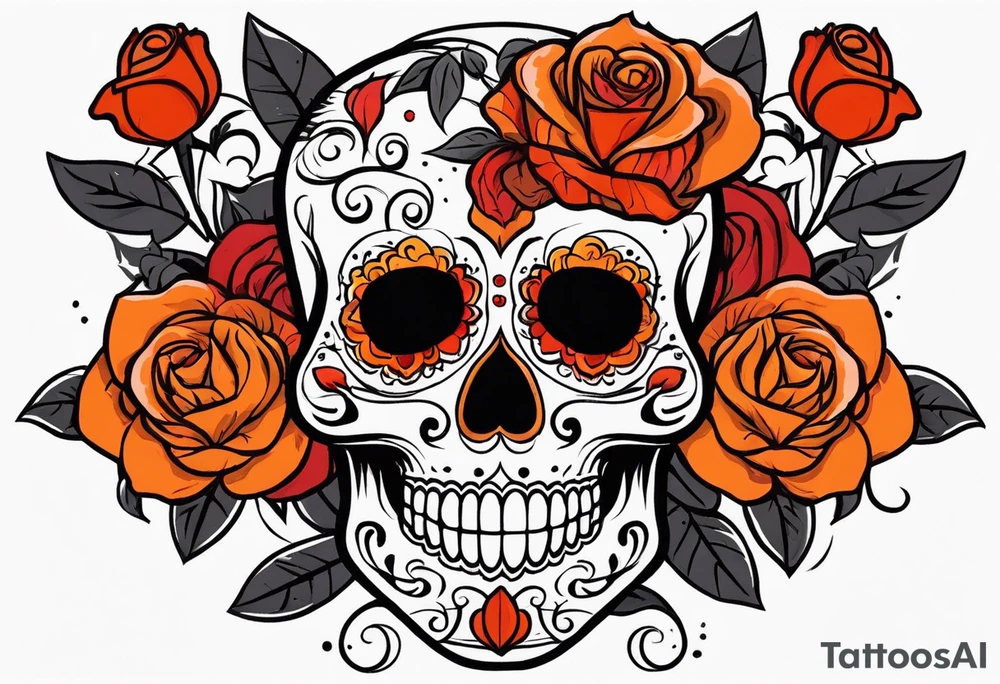Sugar skull with roses that are orange and red with smoke around it tattoo idea