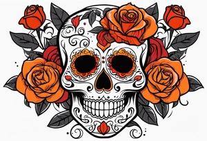 Sugar skull with roses that are orange and red with smoke around it tattoo idea
