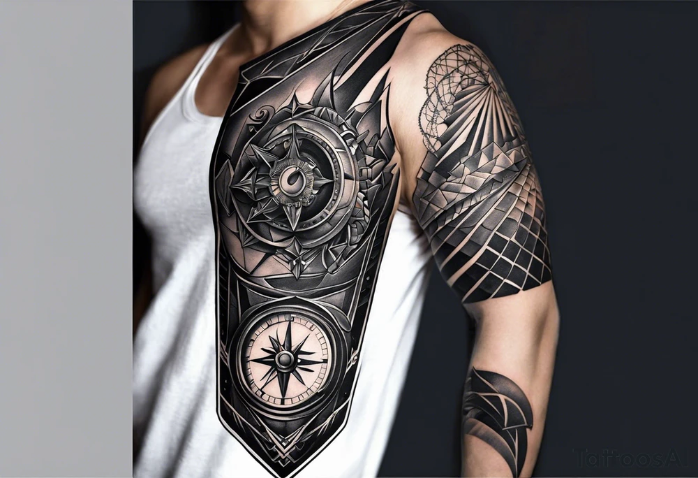 From left shoulder to forearm sleeve tattoo. Fine line geometric, concept design tattoo, ocean thunder fire , geometric and surrounds a previous tattoo of a watch on the tricep to biscep, include a chain at the top of the shoulder connected to the collar bone tattoo idea