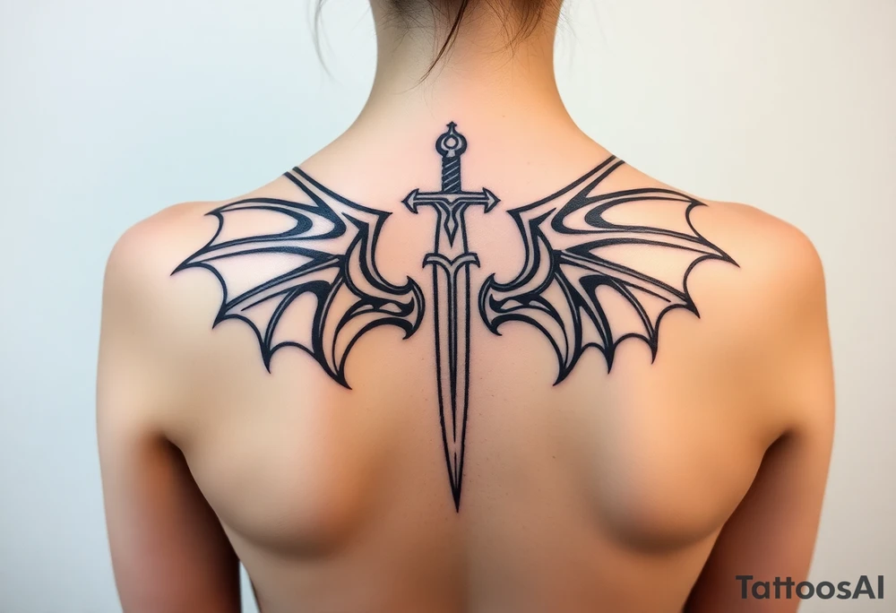 Dragon wings with sword in middle tattoo idea