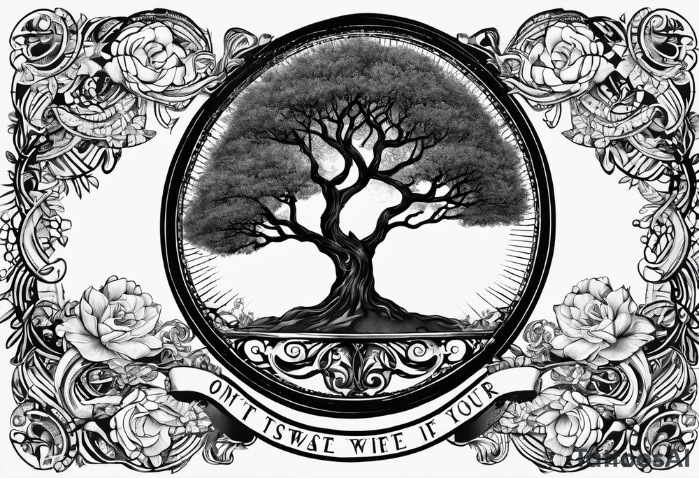Circle of text on the hand of: don't waste tour time looking back youre not going that way. With a tree of life tattoo idea