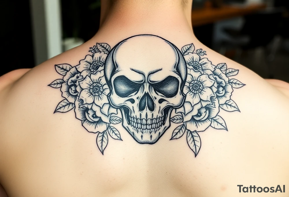 skull, surrounded by floral ornaments tattoo idea