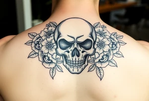 skull, surrounded by floral ornaments tattoo idea