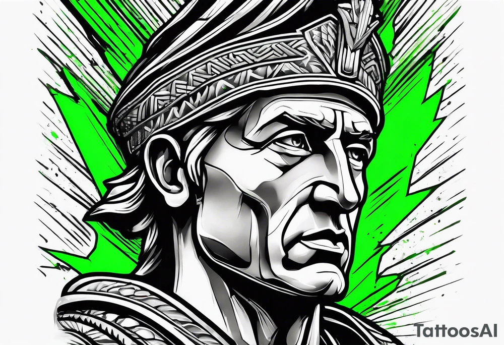 Julius Caesar tattoo with streaks of neon green lightning in the background tattoo idea