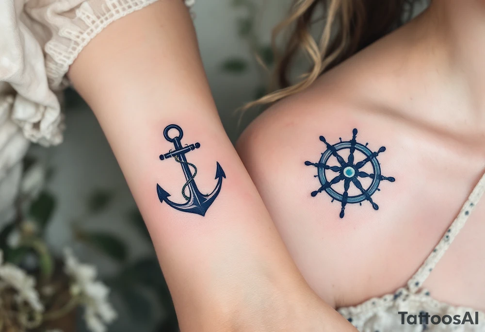 A delicate black anchor for her and a matching ship’s wheel for him in dark navy on the inner forearms symbolize stability and direction in love. tattoo idea