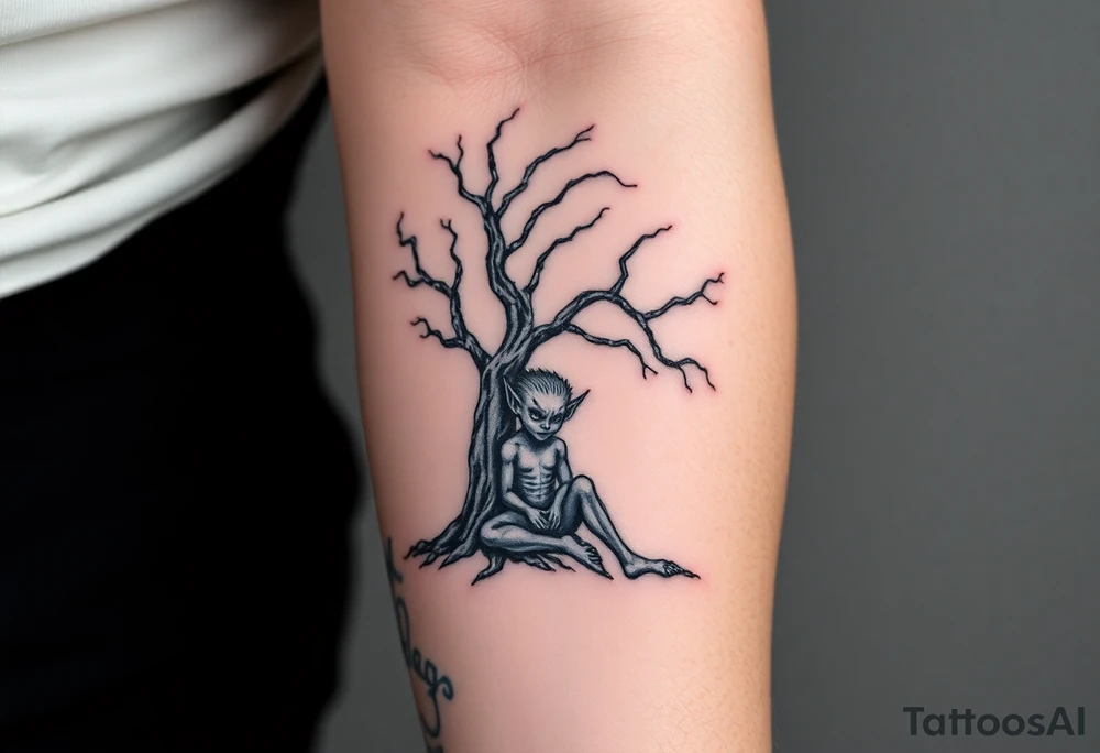 Gothic and demonic boy. sitting under a creepy tree tattoo idea