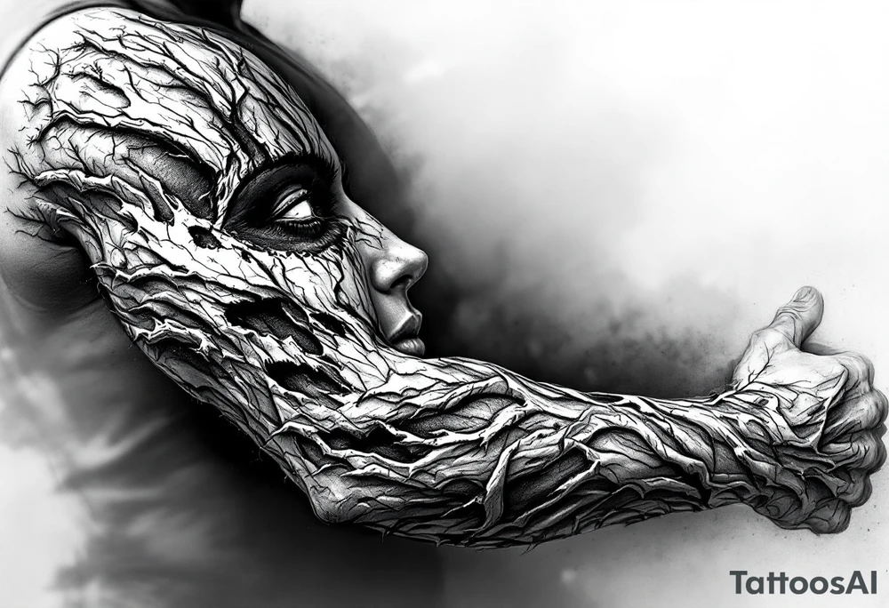 Entire arm tattooed like tree bark with face carved into it tattoo idea