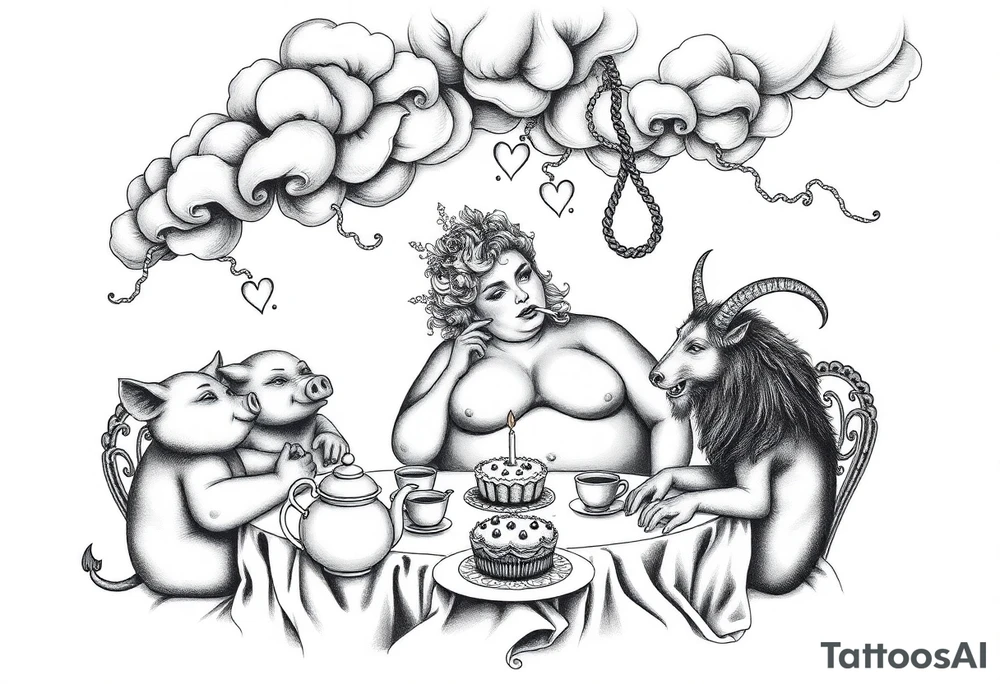 Storm clouds naked fat lady having a tea party with tea pots and 
with a pig, peacock, noose, lion, goat, smoking cigerettes looking in the mirror having sex with a man eating a cake thru storm clouds with knife and broken hearts and darkness and wrath, envy , gluttony, greed, sloth, pride kill tattoo idea