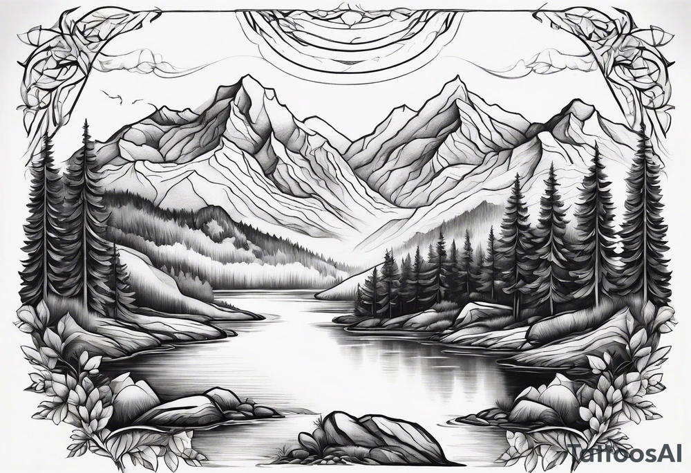 Design a symmetrical tattoo featuring a serene mountain landscape with a winding river and delicate trees, creating a balanced and harmonious composition tattoo idea