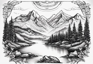 Design a symmetrical tattoo featuring a serene mountain landscape with a winding river and delicate trees, creating a balanced and harmonious composition tattoo idea