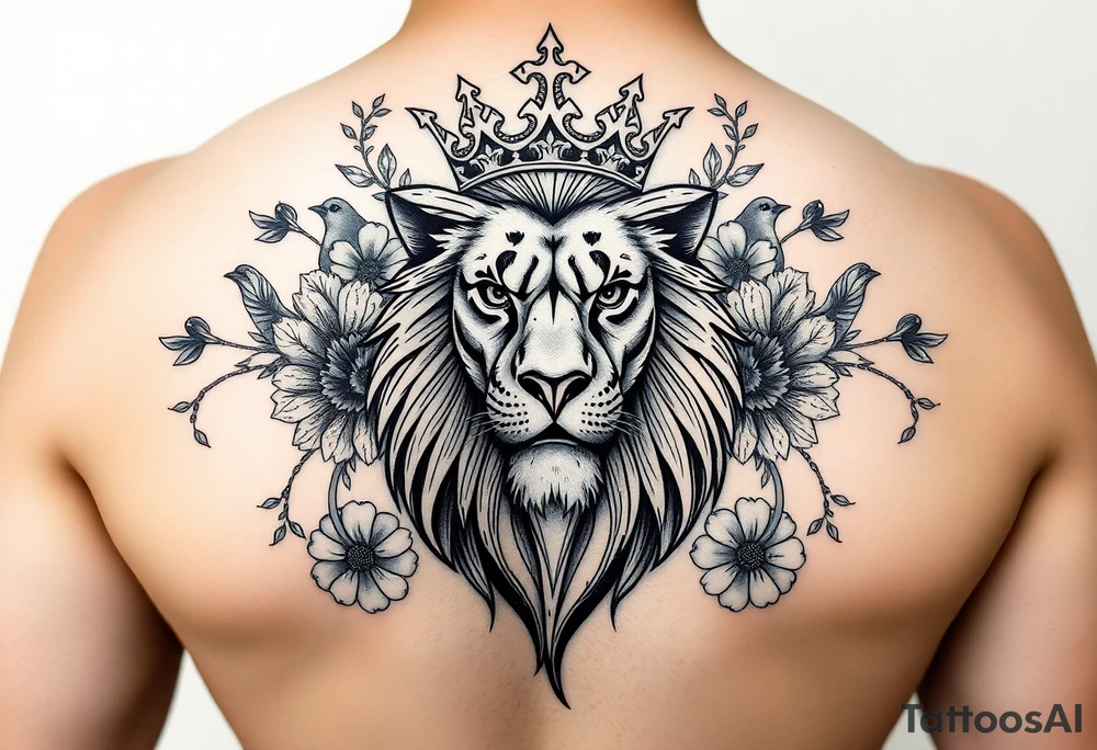 powerful majestic lion with a crown, surrounded by floral ornaments and birds tattoo idea
