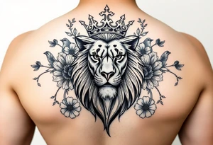 powerful majestic lion with a crown, surrounded by floral ornaments and birds tattoo idea