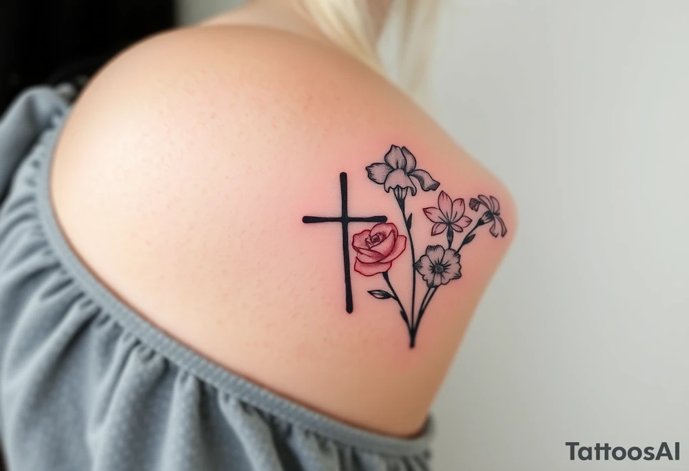 tattoo with one side representing death and the other life. (from death to life) with a simple cross down the middle. The life side I's like the following flowers: Morning Glory, Lily of the Valley, Daffodil, Rose, Poppy, and Iris tattoo idea