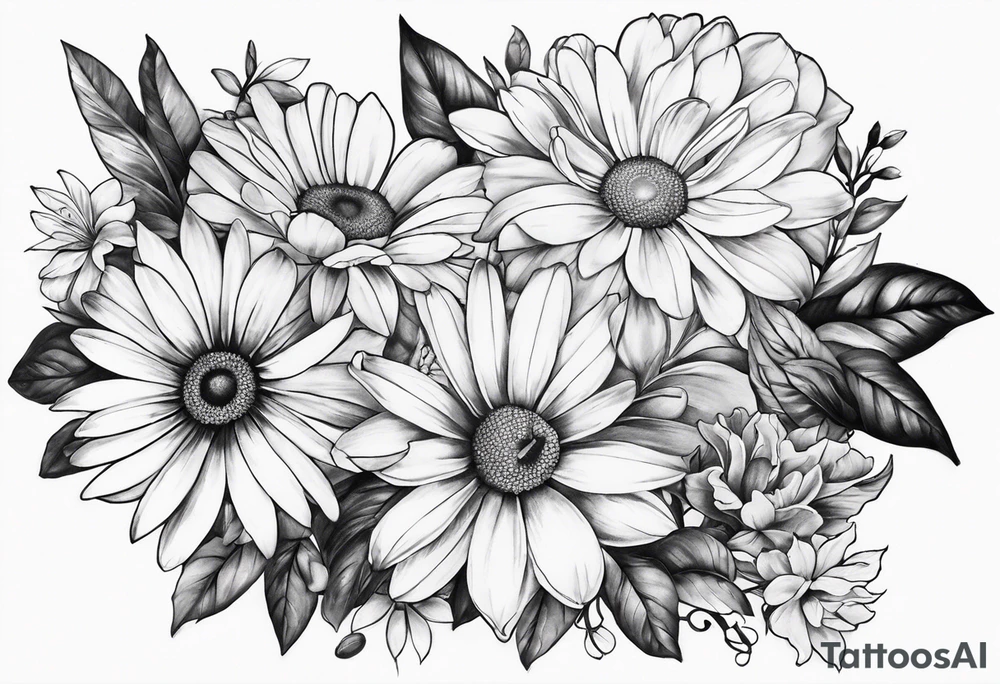 tattoo to represent that I have 3 children (girls). For inspiration I like flowers, the beach. Tattoo is for ribcage down side of body. I don't want images of women or girls in it. I want it pretty. To include daisy flowers, roses tattoo idea