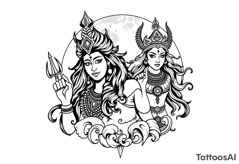 Lord Shiva, Godess Kali, Godess Lilith with the moon phases in the background tattoo idea