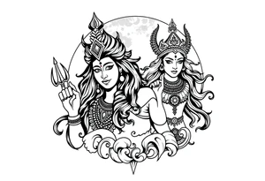 Lord Shiva, Godess Kali, Godess Lilith with the moon phases in the background tattoo idea