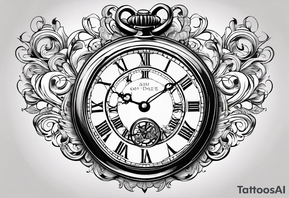 Pocket watch with chain and dates 28/08/1960-25/03/2024 written in it tattoo idea