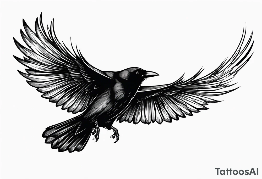 a crow in the with its wings outstretched in flight with nothing in the background tattoo idea