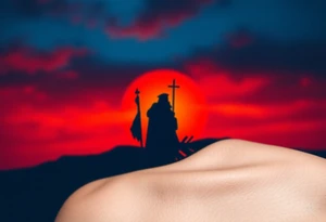 A silhouette of Jan Hus standing before a bonfire, with fiery orange and red shades blending into a deep blue sky. tattoo idea