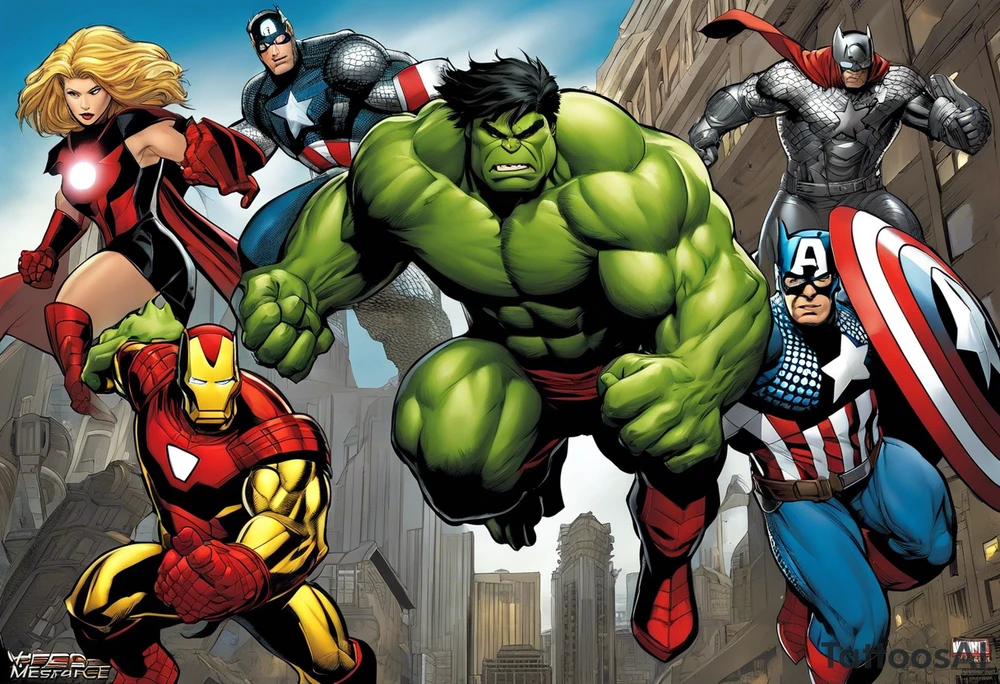 A super hero team which is combination of animals. For example:
Hulk will be represented by a Badger.
Thor will be depicted as an Alpha Grey Wolf.
Captain America will be symbolized by a Bull.
Iron Man's character will be embodied by a Canary.
Black Widow's role will be portrayed by an Axolotl.
Hawkeye will be depicted as a Sudan Plated Lizard.
Nick Fury will be represented by a Cat. tattoo idea