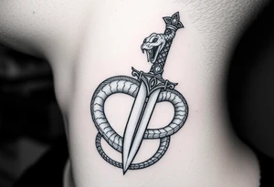 mystical snake coiled around an ancient dagger with jeweled hilt tattoo idea