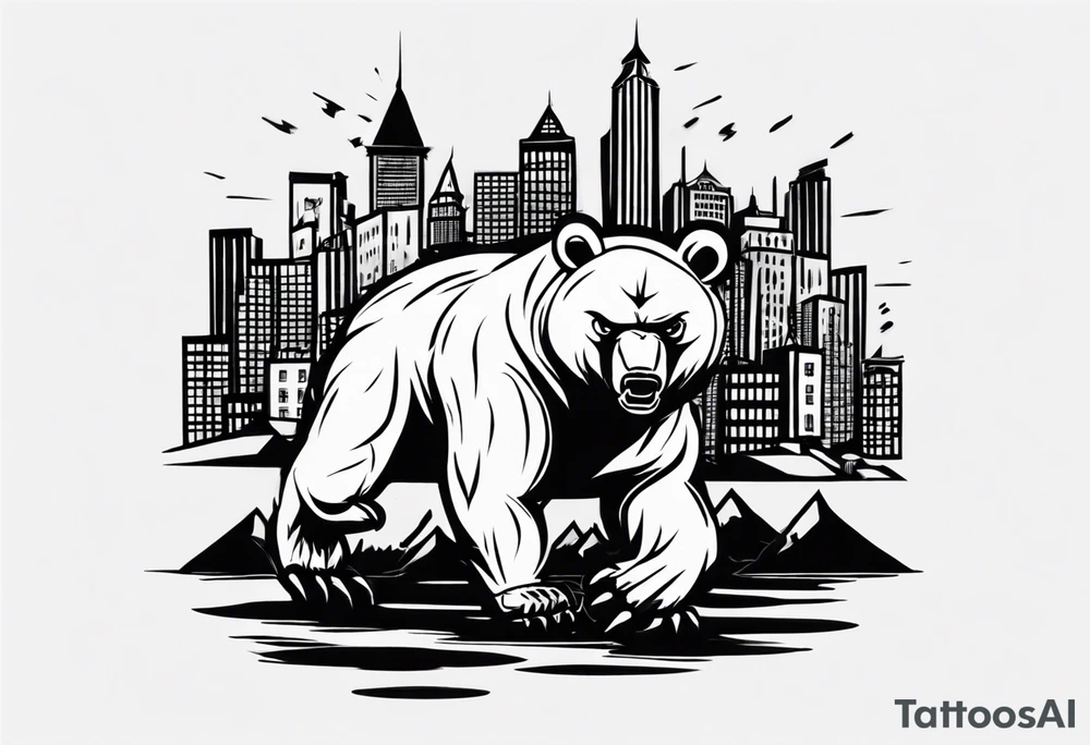 Angry bear coming up behind a city tattoo idea