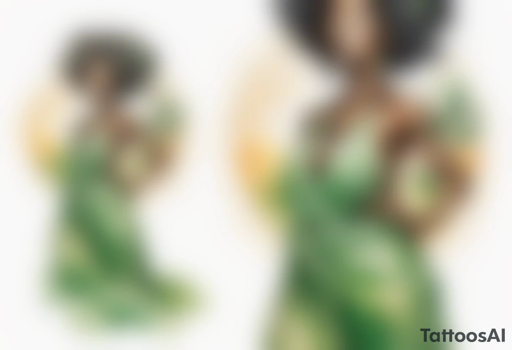 a tree trunk with roots that is a beautiful black woman from the waist up, arms reaching up to the sun, wearing a green tunic tattoo idea