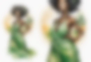 a tree trunk with roots that is a beautiful black woman from the waist up, arms reaching up to the sun, wearing a green tunic tattoo idea