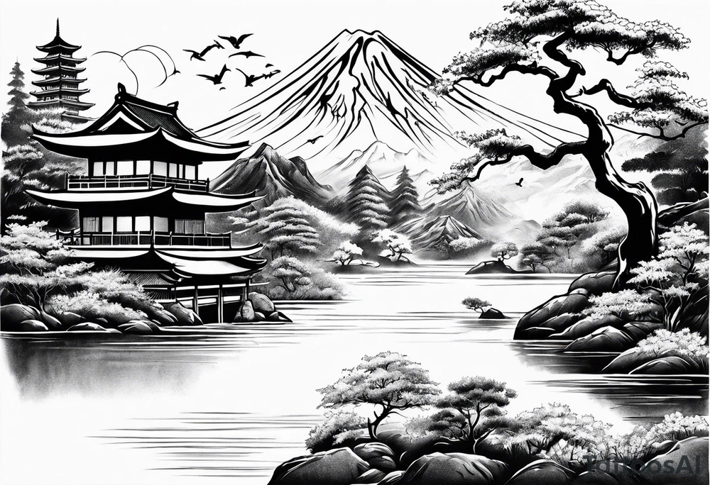 Japanese motives tattoo looking like a scenery tattoo idea
