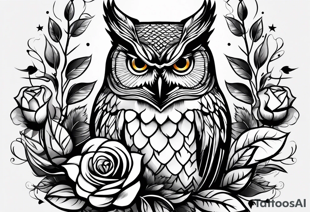 An owl, a rose, a paw print tattoo idea