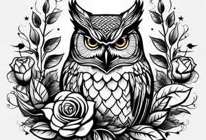 An owl, a rose, a paw print tattoo idea