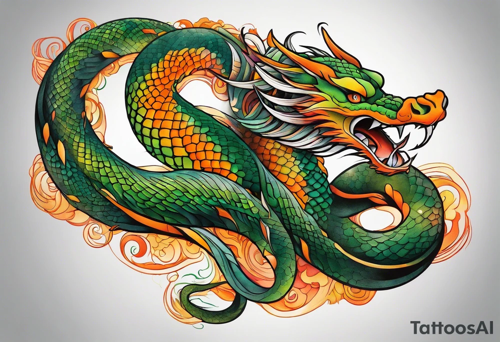 Snake dragon green orange tattoo idea