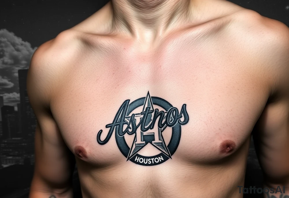 Houston texas skyline Behind houston astrodome, stars nighttime stars and clouds, Houston Astros cursive in sky, Houston Astros star on neck, Benjamin Franklin money roll space suit fill in smoke stars tattoo idea