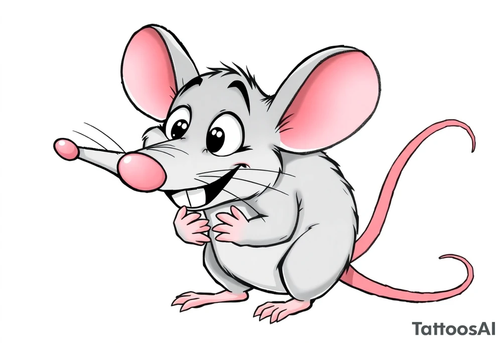 The image shows a cartoon rat with a long pointed nose, huge bulging eyes, and a cheeky, mischievous smile. The rat is grey with big pink ears and a thin pink tail visible on the right. Its little hands are held up close to its chest in a playful, sneaky pose. The expression makes the rat look funny, surprised, and a bit sly at the same time.

I want all his body..bigger nose, eyes poped out from the head + foots / i want the picture from the profile/side


the last two, that i putted to favorites, can you make them black & white ? tattoo idea