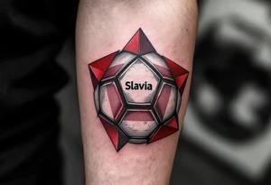 ball composed of red geometric panels forming a star pattern, with sign "Slavia" on it. tattoo idea