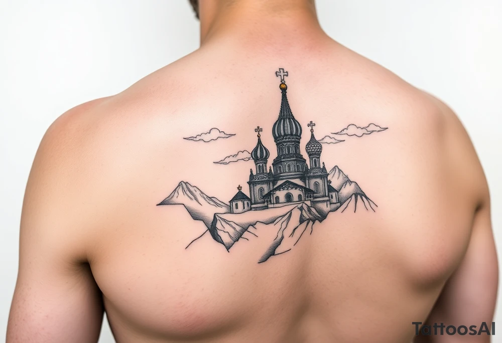 russian orthodox christian left arm tattoo with st basils cathederal in a mountainous setting with clouds tattoo idea