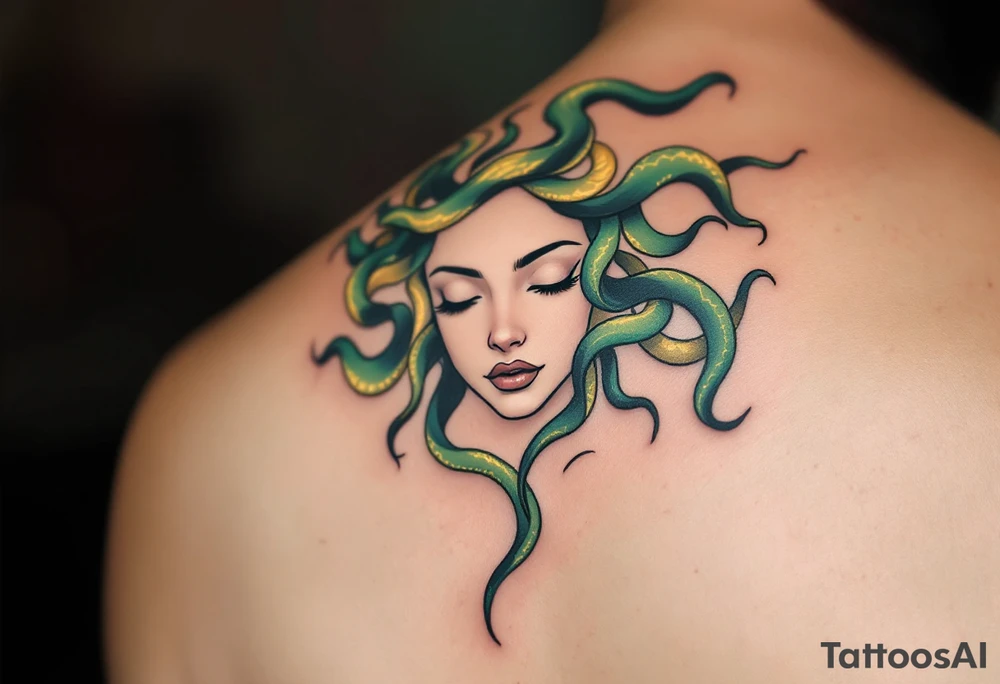 A minimalist Medusa with serpentine hair, where each snake is subtly represented by thin, flowing lines, creating a soft, almost abstract look. Her eyes are closed, evoking a calm yet mysterious expression. The snakes are shaded with shades of green, ranging from emerald to olive, with delicate touches of gold along their scales to give a mystical glow. tattoo idea