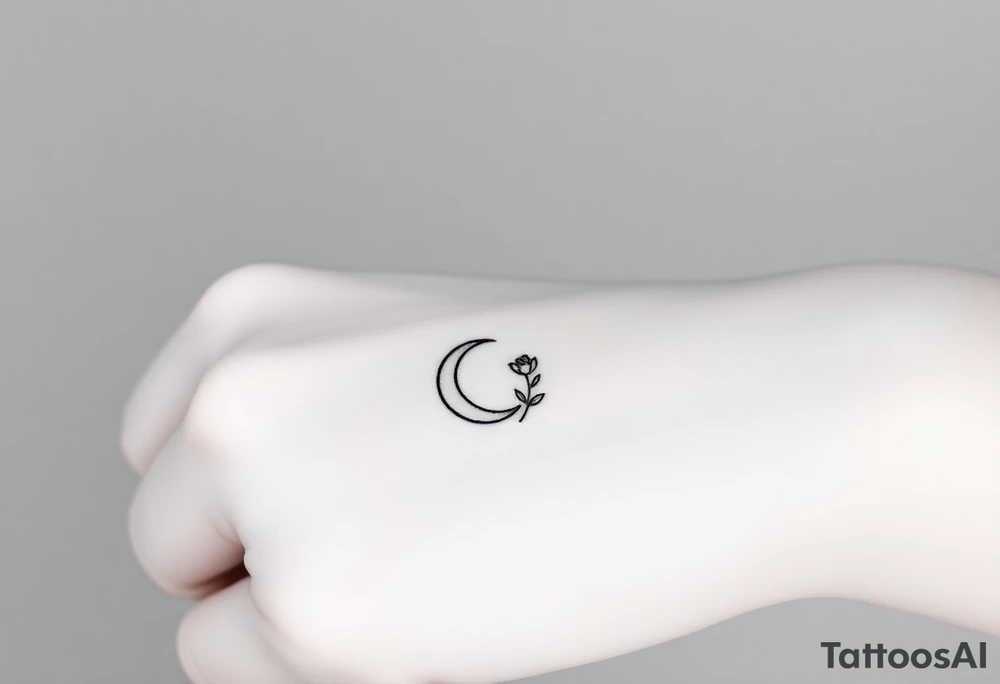 Small black and white tattoo waning crescent moon with small rose birth flower AND tiny Gemini gliph tattoo idea