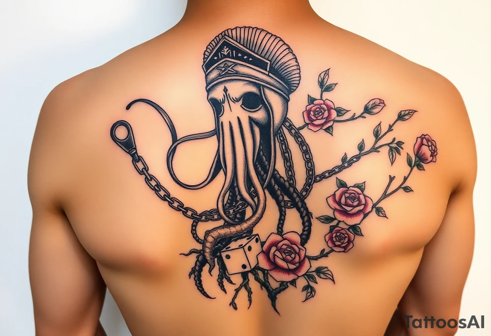 Squid and spartan and sailor hat combined with chains, tree roots, cherry blossoms and roses rolling dice tattoo idea