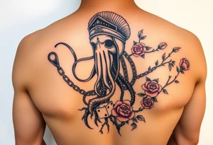 Squid and spartan and sailor hat combined with chains, tree roots, cherry blossoms and roses rolling dice tattoo idea