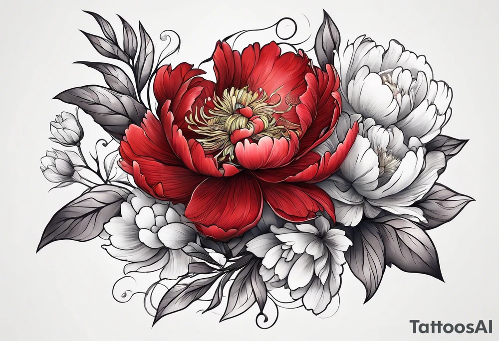 Red peony with small cute rabbit tattoo idea