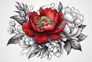 Red peony with small cute rabbit tattoo idea
