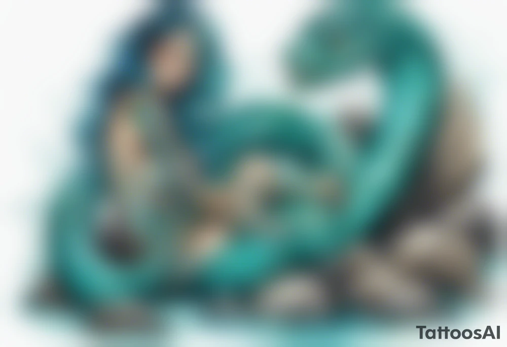 A sea serpent woman hybrid covered in turquois scales sitting on rocks by the ocean tattoo idea