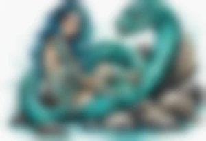 A sea serpent woman hybrid covered in turquois scales sitting on rocks by the ocean tattoo idea