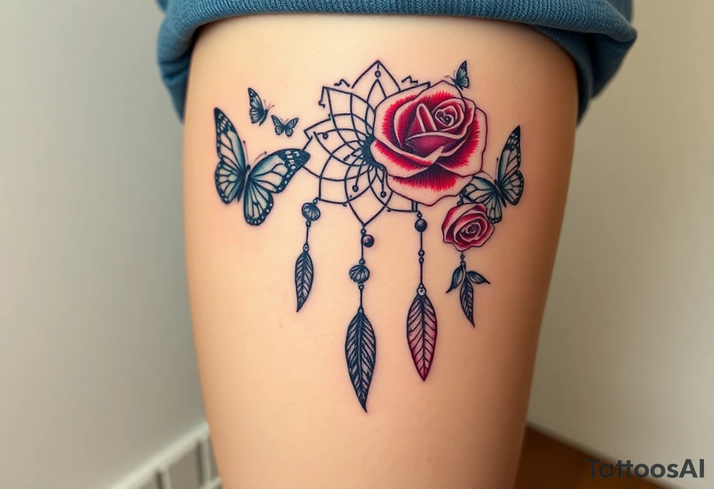 Dreamcatcher roses and butterflies tattoo idea